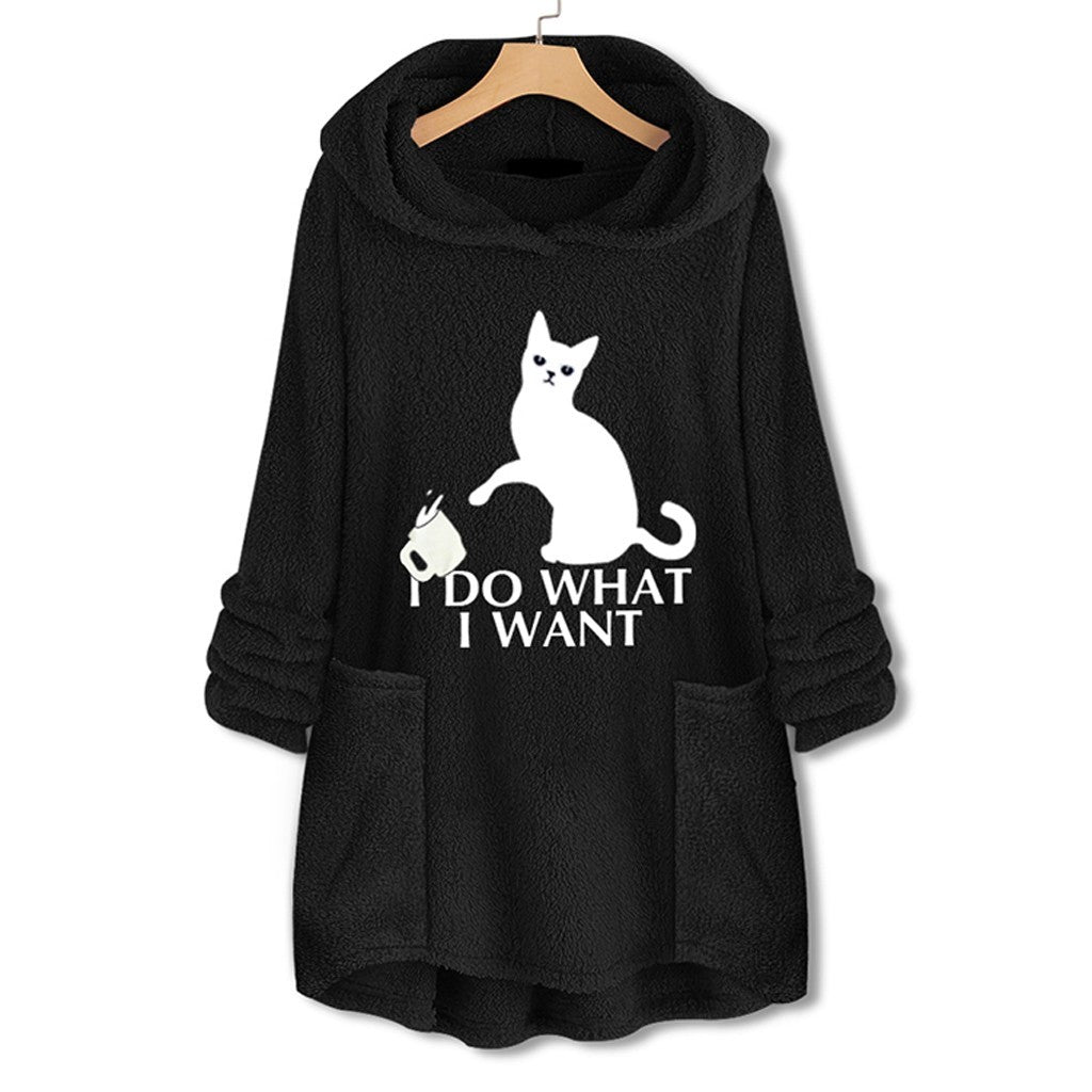 Hooded Pullover Cat Print Long Sleeved Reversible Velvet Sweater