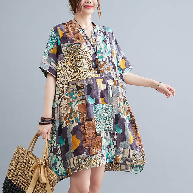 Cover Up Short Sleeve Abstract Print Dress