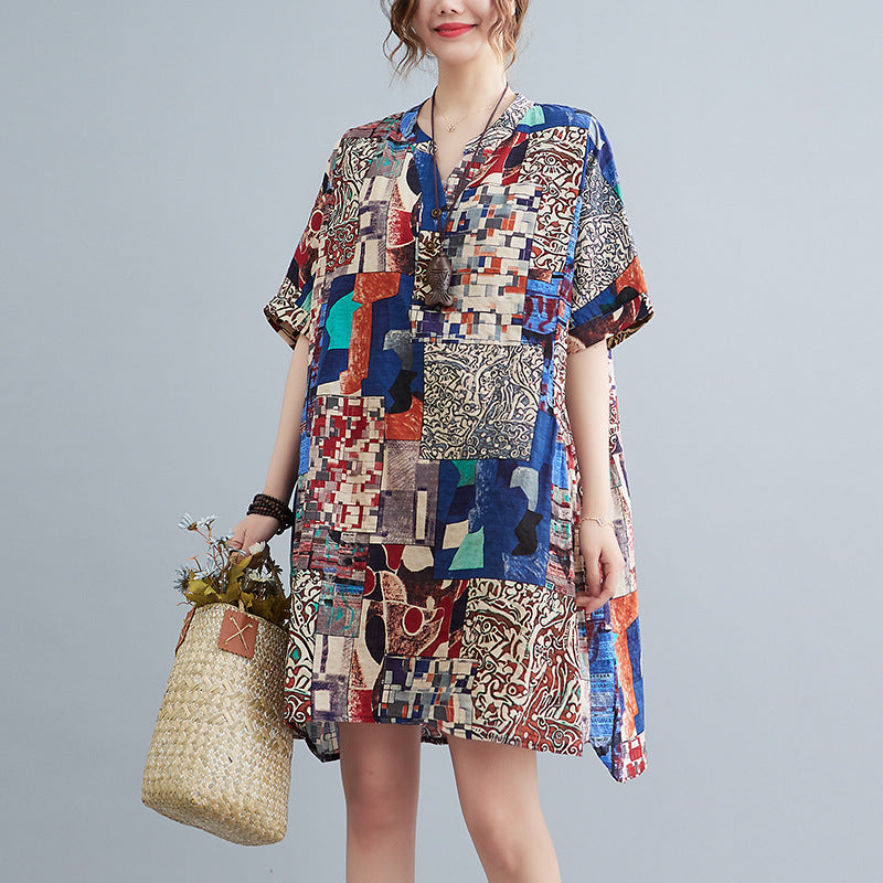 Cover Up Short Sleeve Abstract Print Dress