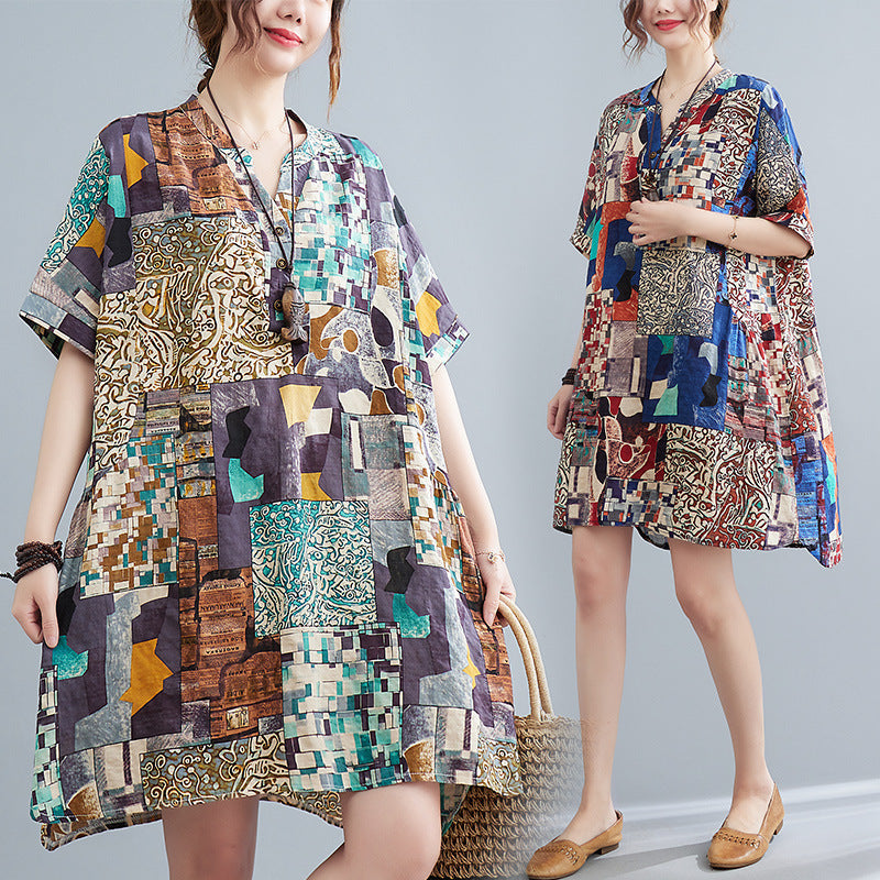 Cover Up Short Sleeve Abstract Print Dress