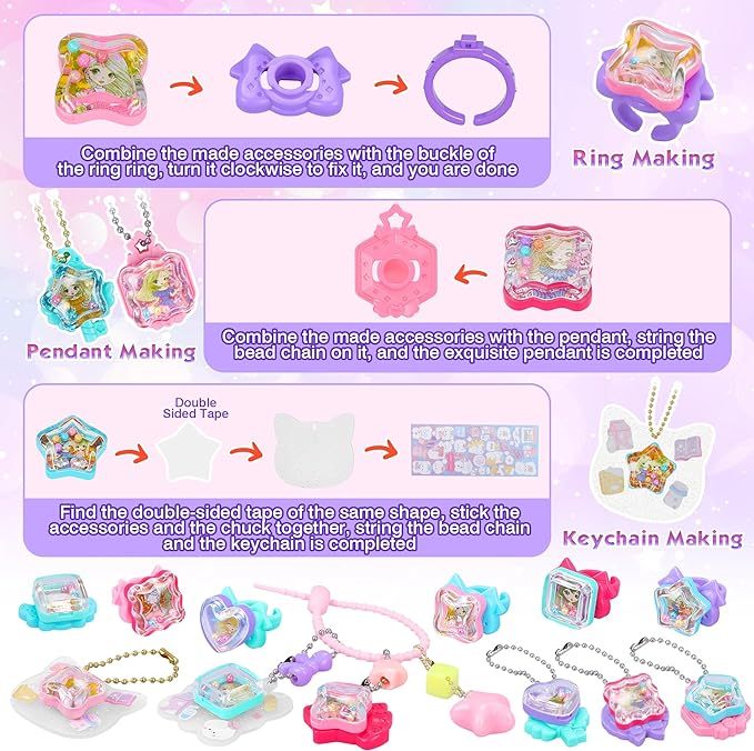 71 PCS DIY Jewel Rings Stickers Magical Kits For Little Girls, Handmade DIY Crafting Rings Bracelet Pendent Keychain