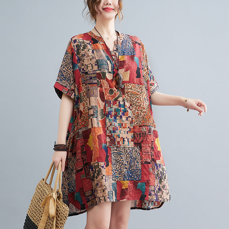 Cover Up Short Sleeve Abstract Print Dress